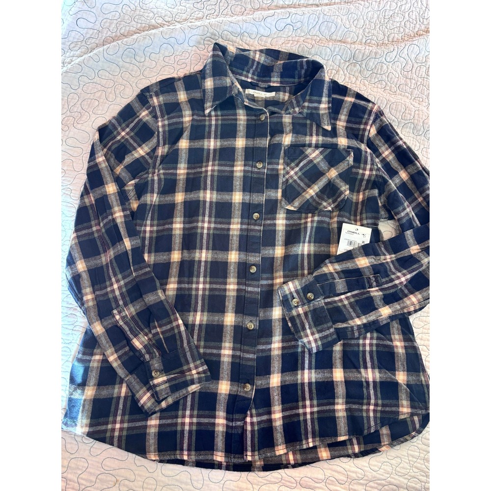 O'Neill Logan Flannel Shirt Navy Blue Plaid Button Down Top Womens Medium